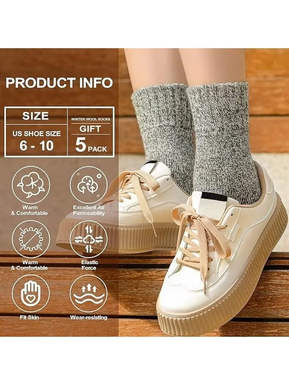 5 Pairs Wool Blend Women's 9-11 Socks Neutrals Marled Solid Colors